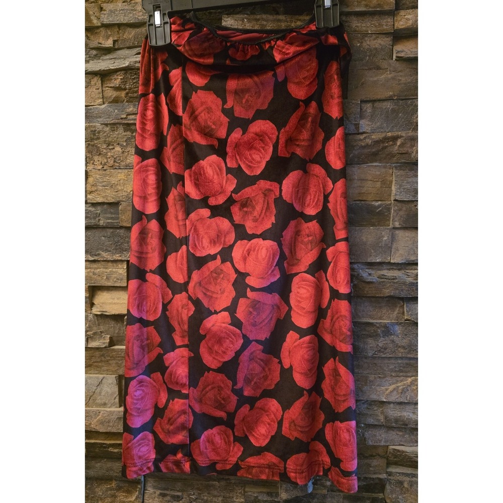 SWAT Vintage 90s Style Red Rose Floral Midi Skirt Black Velvet Maybe a size 0